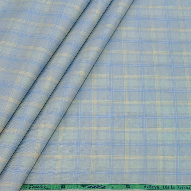 Shirt Fabric Grasim 100% Cotton Check Colour Blue N Greenish Grey