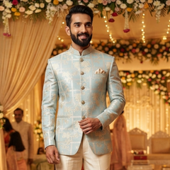 Reid & Taylor Jacquard Premium Bandhgala Fabric Colour Soft Sky Blue with Cream accent