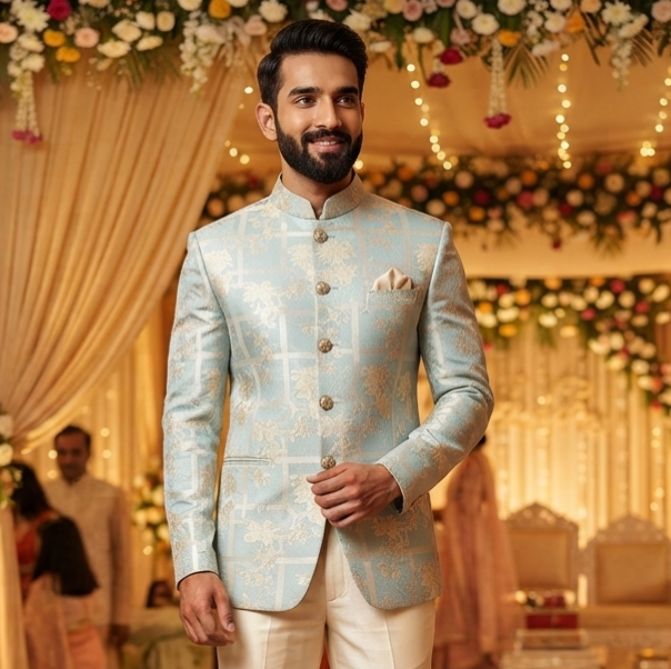 Reid & Taylor Jacquard Premium Bandhgala Fabric Colour Soft Sky Blue with Cream accent