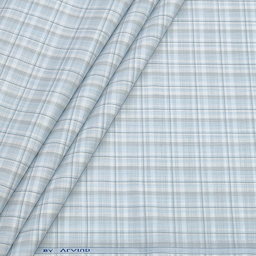 Shirt Fabric Arvind Poly Cotton Wrinkle Free Check Colour Blue N Grey