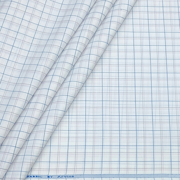 Shirt Fabric Arvind Poly Cotton Wrinkle Free Check Colour Blue N Ash White