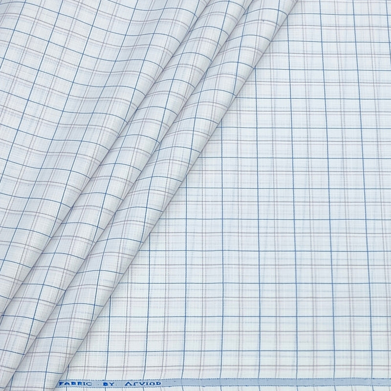 Shirt Fabric Arvind Poly Cotton Wrinkle Free Check Colour Blue N Ash White
