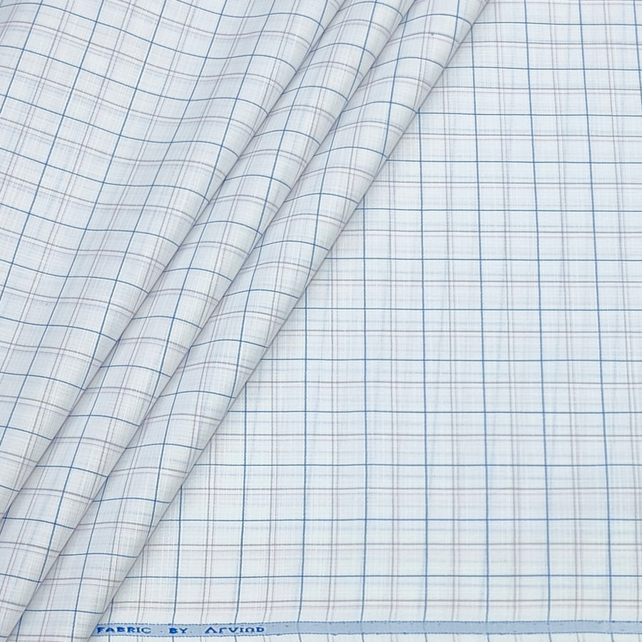Shirt Fabric Arvind Poly Cotton Wrinkle Free Check Colour Blue N Ash White