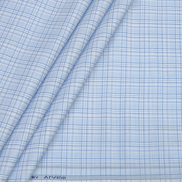 Shirt Fabric Arvind Poly Cotton Wrinkle Free Check Colour Light Blue
