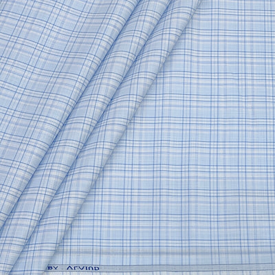 Shirt Fabric Arvind Poly Cotton Wrinkle Free Check Colour Light Blue