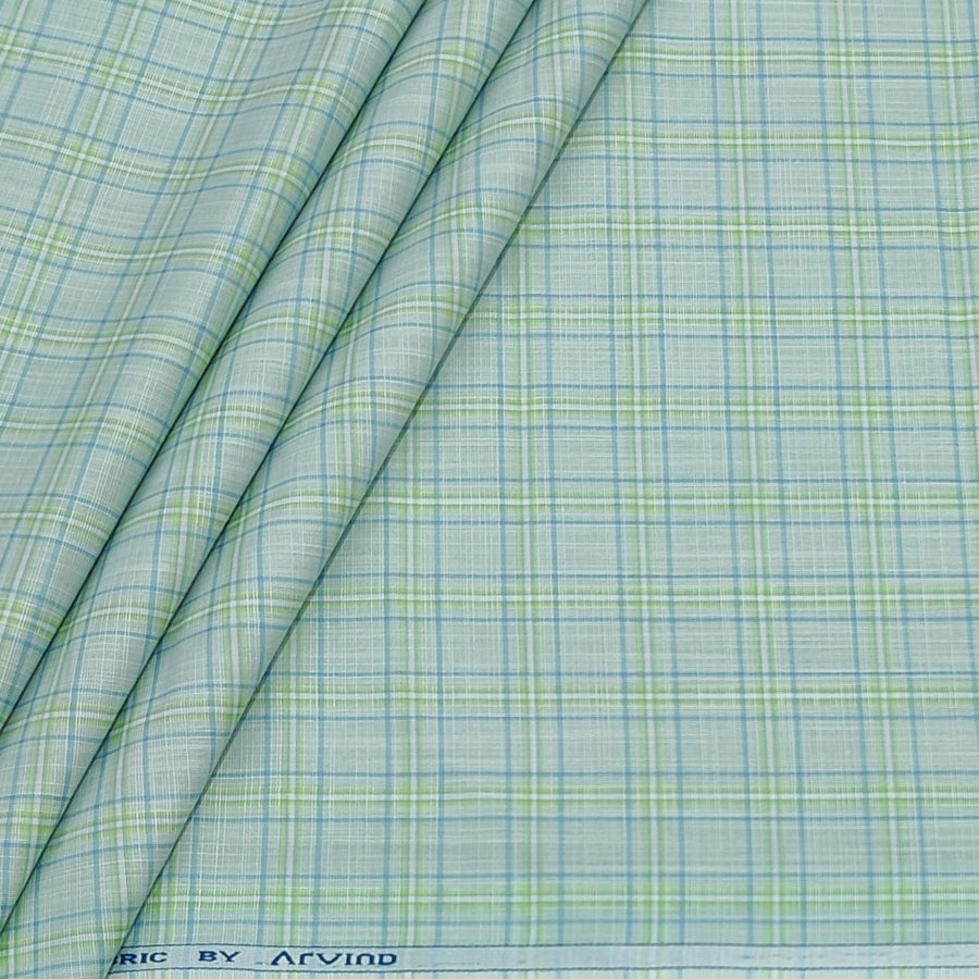 Shirt Fabric Arvind Poly Cotton Wrinkle Free Check Colour Tea Green