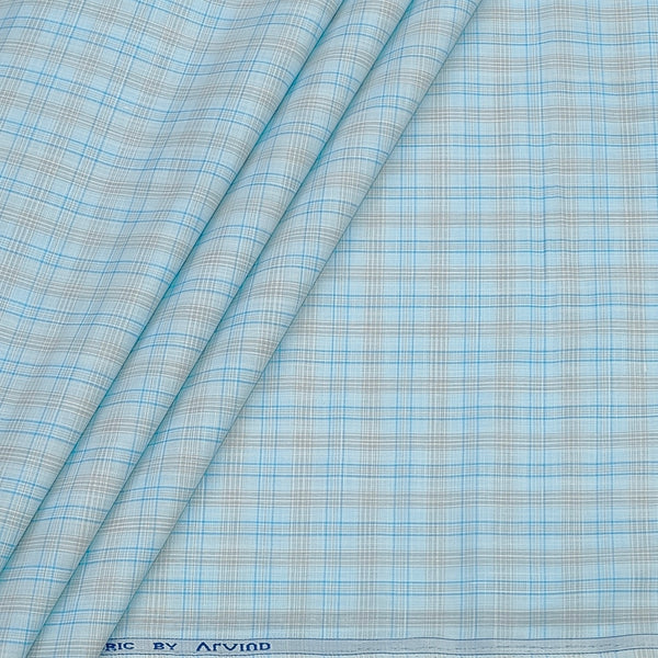 Shirt Fabric Arvind Poly Cotton Wrinkle Free Check Colour Light Firozi