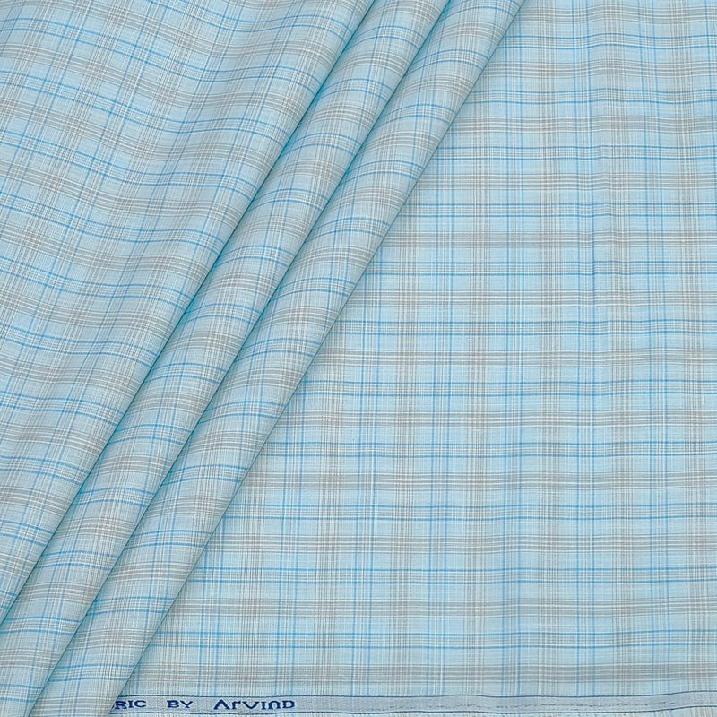 Shirt Fabric Arvind Poly Cotton Wrinkle Free Check Colour Light Firozi