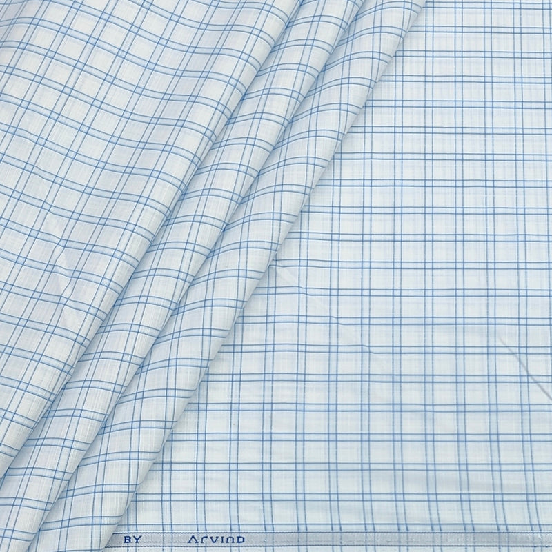 Shirt Fabric Arvind Poly Cotton Wrinkle Free Check Colour Light Blue N White