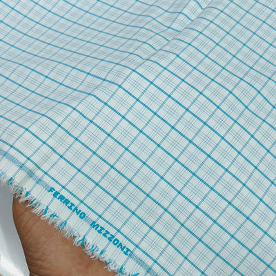 Shirt Fabric Ferrino Mizzoni  Poly Cotton Wrinkle Free Check Colour Firozi N White
