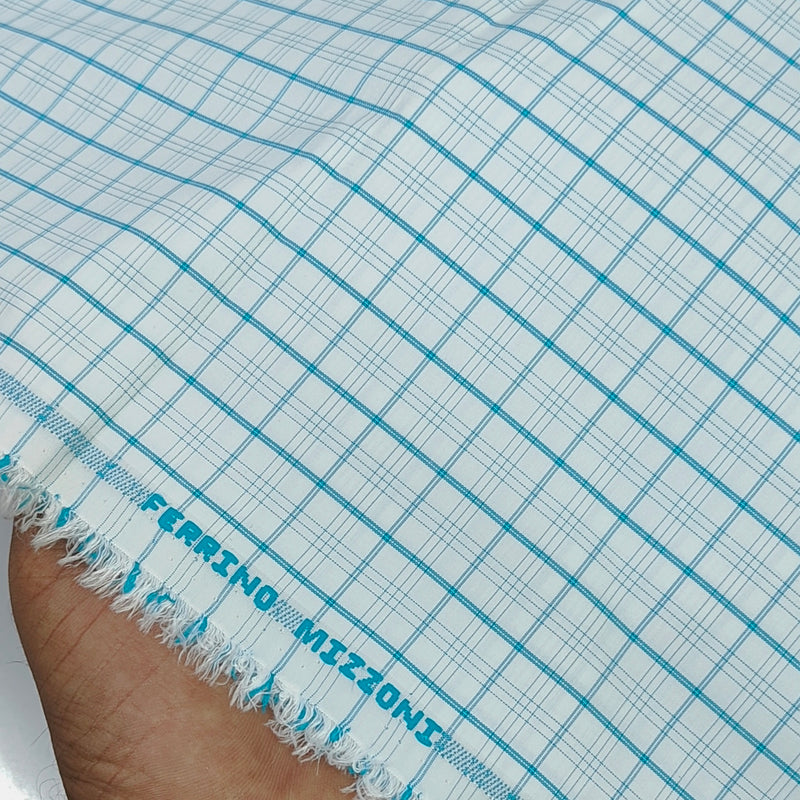 Shirt Fabric Ferrino Mizzoni  Poly Cotton Wrinkle Free Check Colour Firozi N White