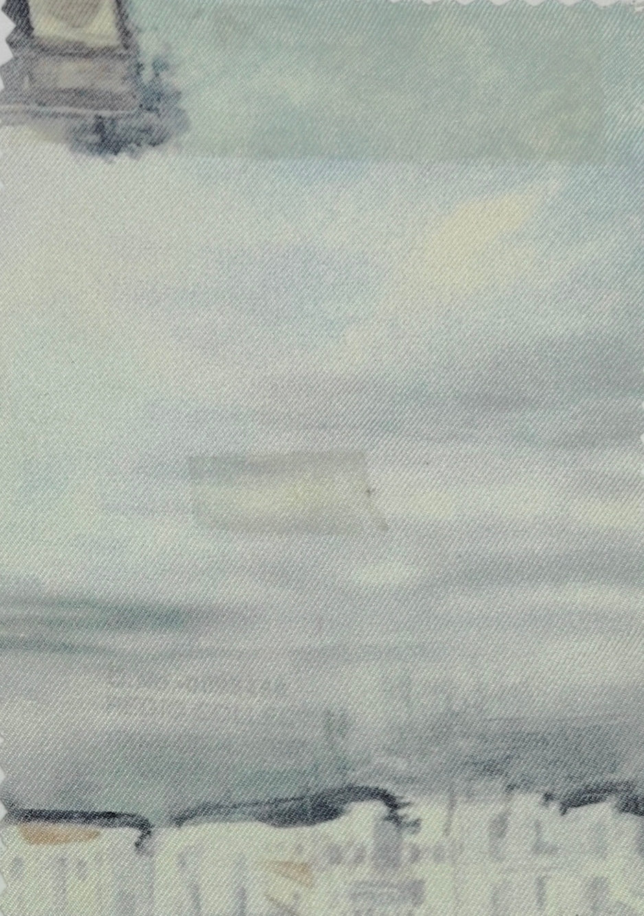 Shirt Fabric Raymond Regio Italia 100% Silk Digital Northern River Scene Print Colour Flake White, Muted Green N Ivory Grey