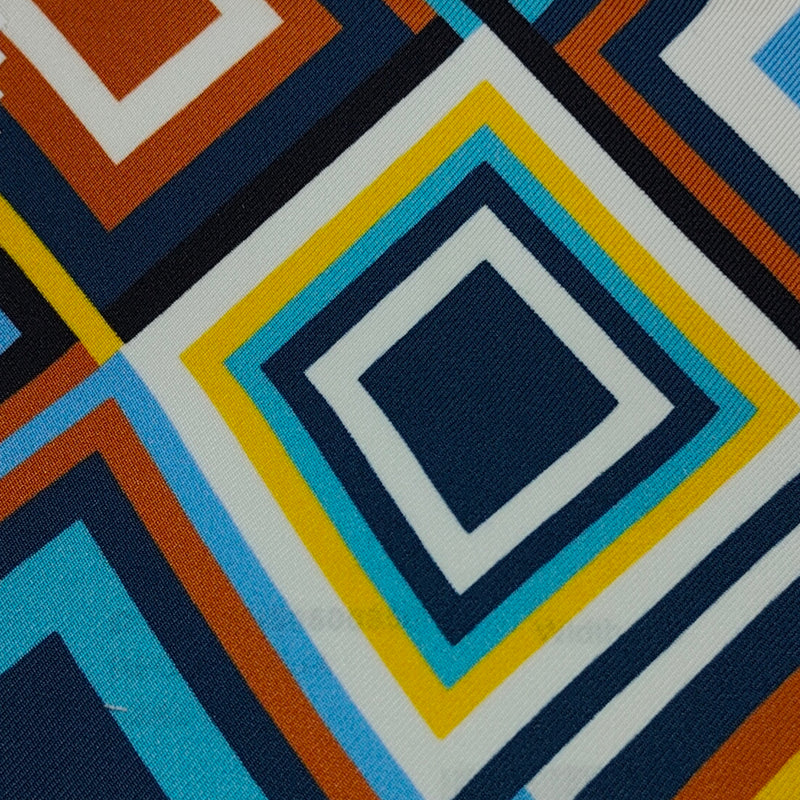 Shirt Fabric Raymond Regio Italia 100% Silk Digital retro geometric palette Printed Colour Navy Blue, Mustard Yellow, Burnt Orange, Sky Blue N White