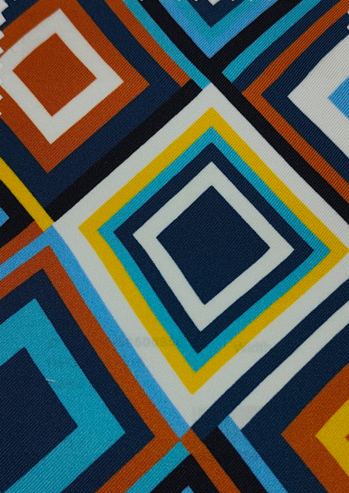 Shirt Fabric Raymond Regio Italia 100% Silk Digital retro geometric palette Printed Colour Navy Blue, Mustard Yellow, Burnt Orange, Sky Blue N White