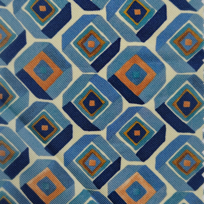 Shirt Fabric Raymond Regio Italia 100% Silk concentric diamond medallion Digital Print Colour Amber Gold, Steel Blue N Cream