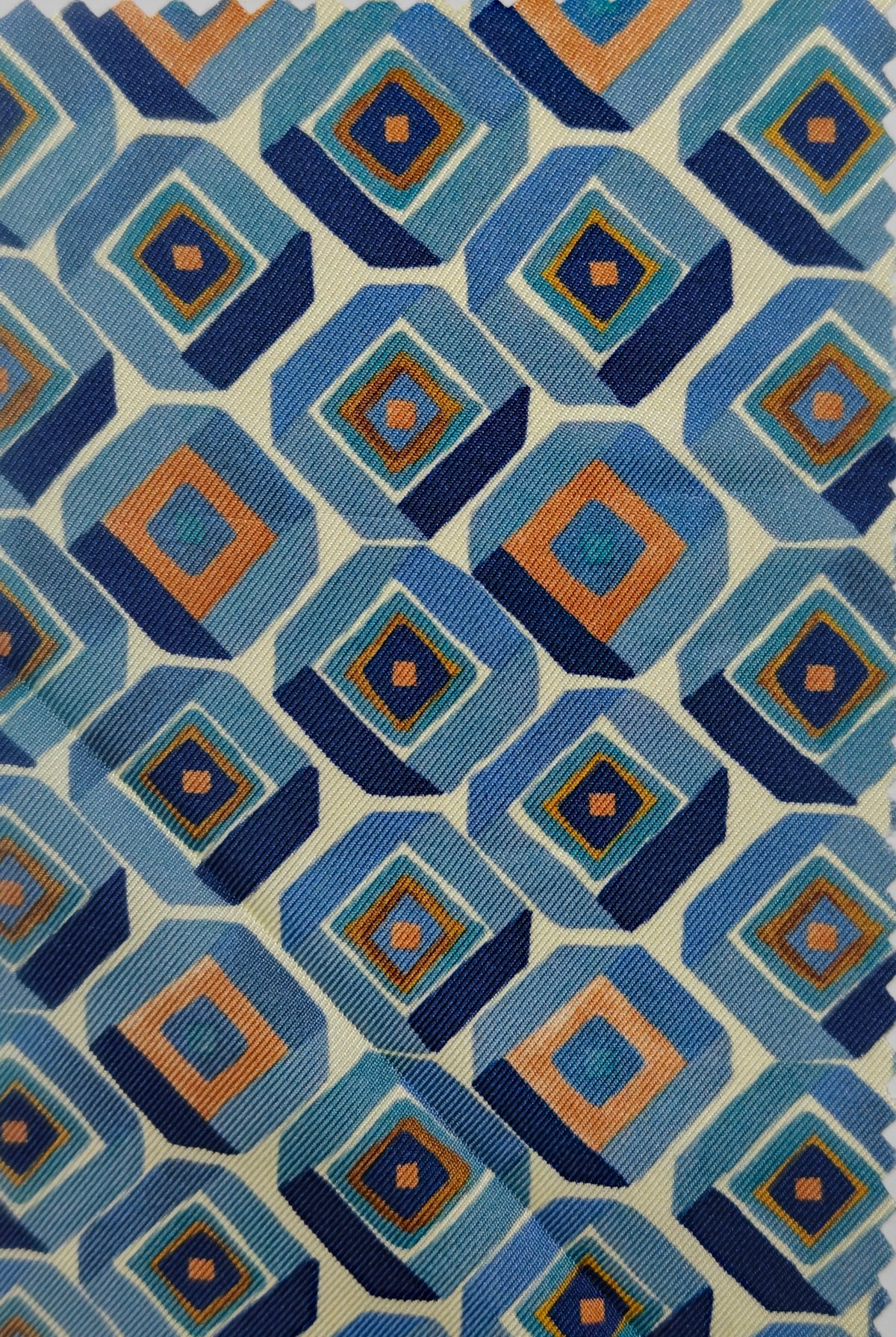 Shirt Fabric Raymond Regio Italia 100% Silk concentric diamond medallion Digital Print Colour Amber Gold, Steel Blue N Cream