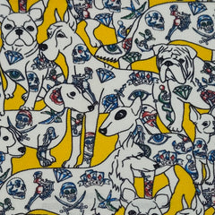 Shirt Fabric Raymond Regio Italia 100% Silk Digital American traditional tattoo style Print Colour Canary Yellow, Black ink N Accent Blue