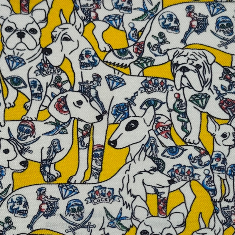 Shirt Fabric Raymond Regio Italia 100% Silk Digital American traditional tattoo style Print Colour Canary Yellow, Black ink N Accent Blue