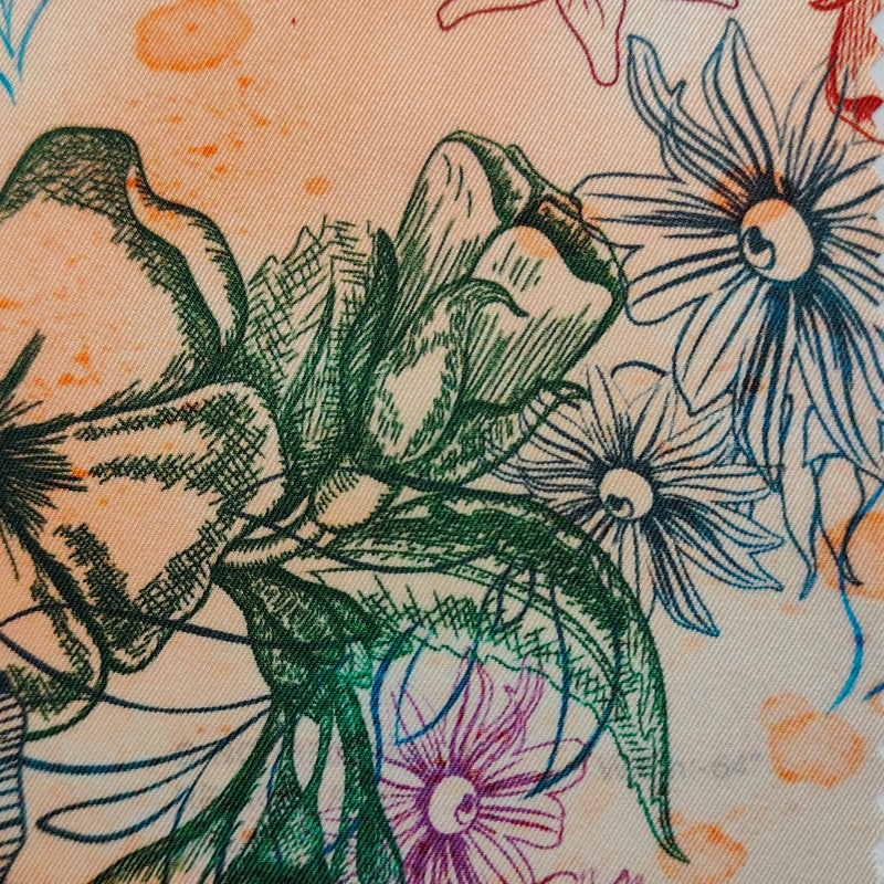 Shirt Fabric Raymond Regio Italia 100% Silk Botanical Line Art Print Colour Peach