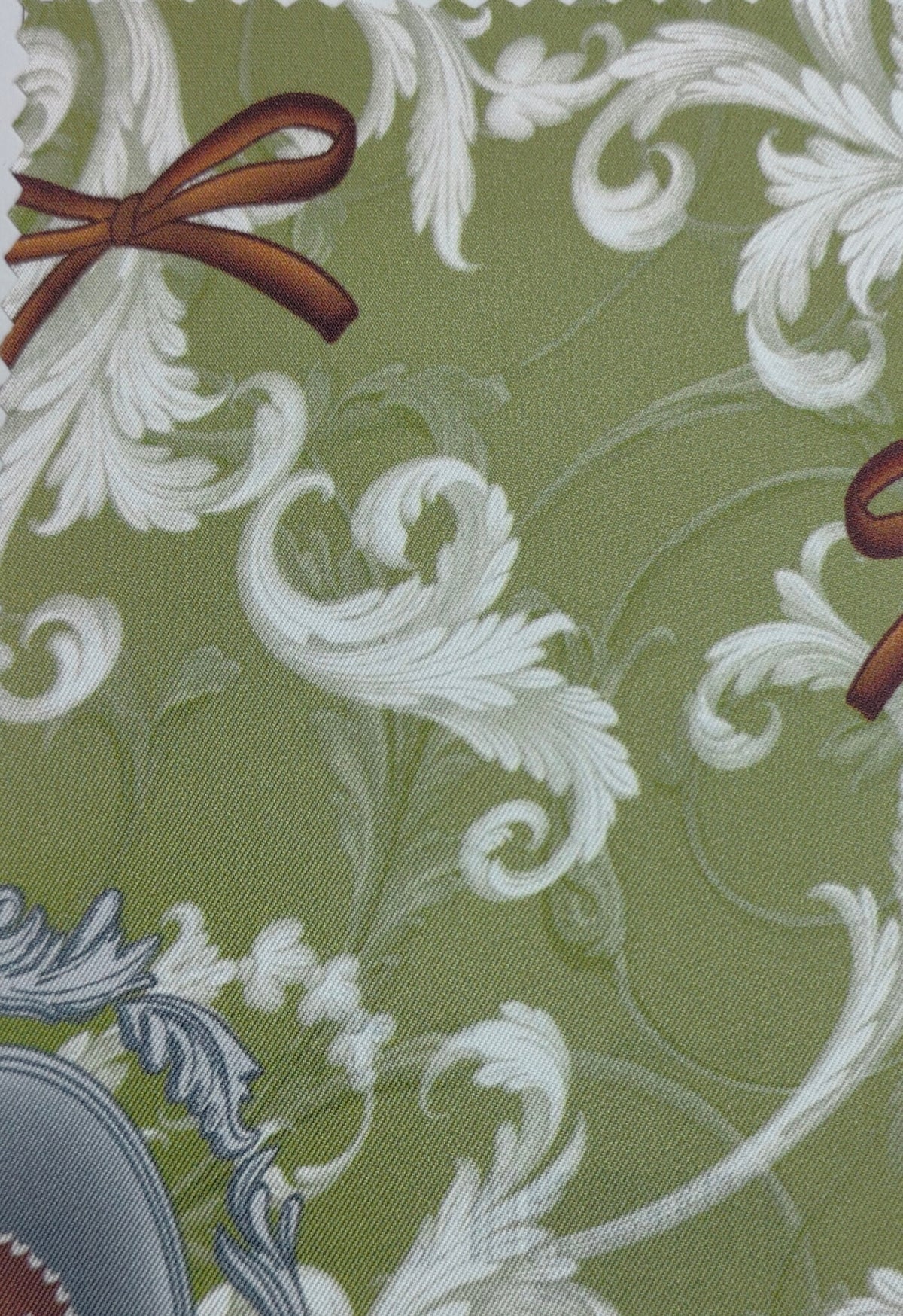 Shirt Fabric Raymond Regio Italia 100% Silk Rococo-style Print Colur Sage Green N White