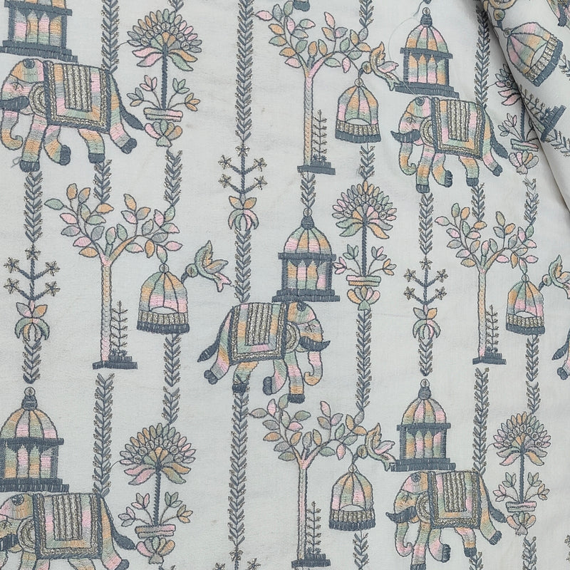 Kurta Fabric ManTire Designer Silk Rajasthani Royal Procession Embroidery Colour Off White N Grey