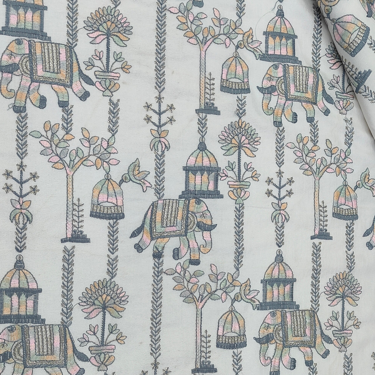 Kurta Fabric ManTire Designer Silk Rajasthani Royal Procession Embroidery Colour Off White N Grey