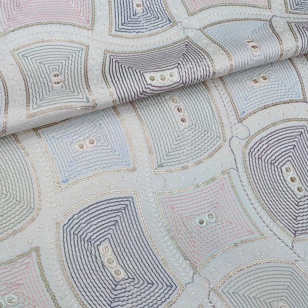 Kurta Fabric ManTire Designer Silk Concentric Geometric Ogee Embroidery Colour Blush Pink, Dusty Mauve N Powder Blue