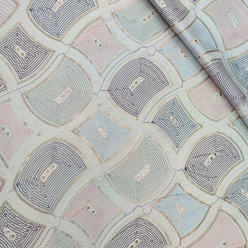 Kurta Fabric ManTire Designer Silk Concentric Geometric Ogee Embroidery Colour Blush Pink, Dusty Mauve N Powder Blue