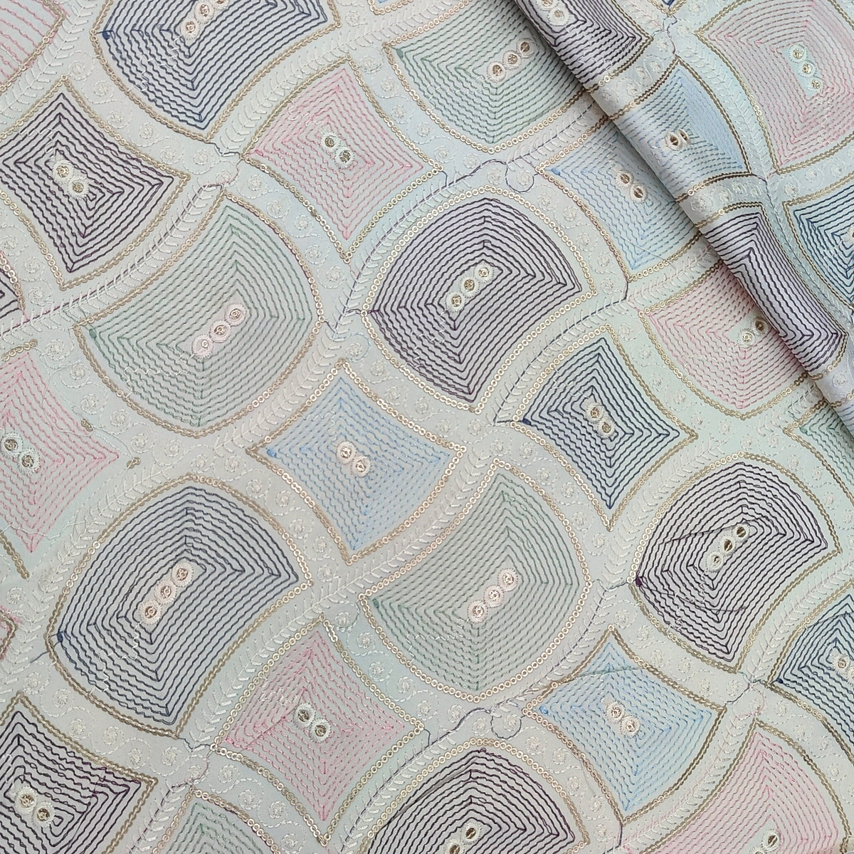 Kurta Fabric ManTire Designer Silk Concentric Geometric Ogee Embroidery Colour Blush Pink, Dusty Mauve N Powder Blue