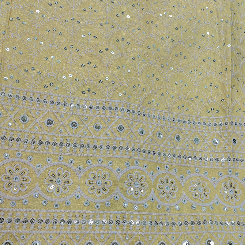 Kurta Fabric ManTire Designer Silk Lucknowi Chikankari with Sequin Work Colour Lemon Yellow N Off White