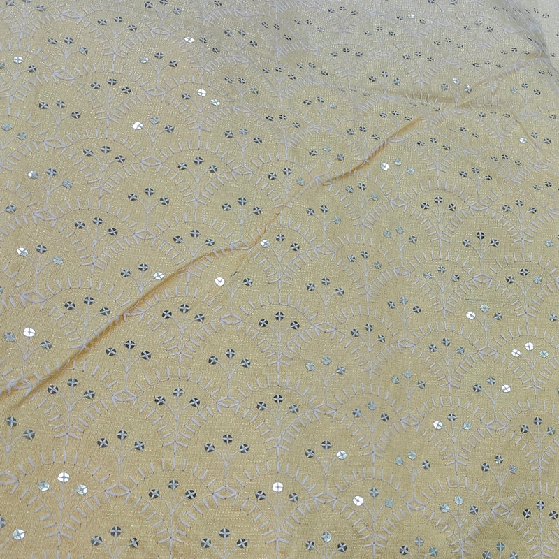 Kurta Fabric ManTire Designer Silk Lucknowi Chikankari with Sequin Work Colour Lemon Yellow N Off White