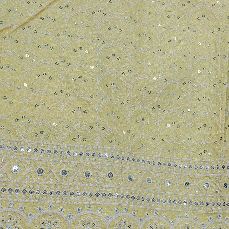 Kurta Fabric ManTire Designer Silk Lucknowi Chikankari with Sequin Work Colour Lemon Yellow N Off White