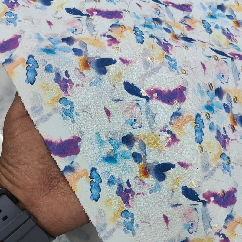 Kurta Fabric ManTire Designer Silk Brushstroke Floral Embroidery Colour Medium Blue N Purple