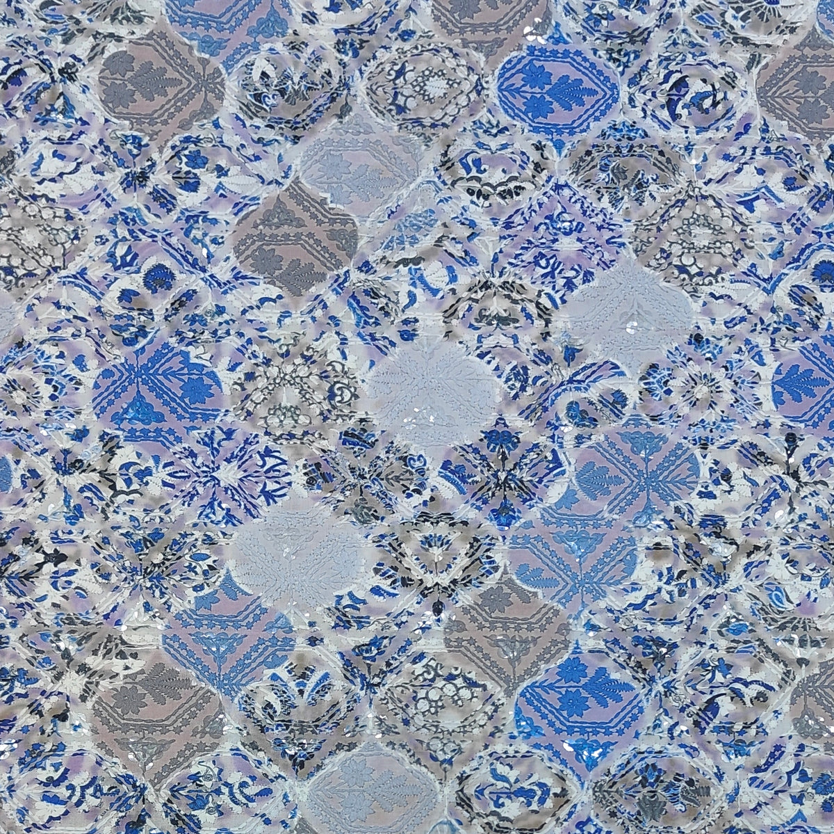 Kurta Fabric ManTire Designer Silk Moroccan Tile Patchwork Colour Indigo Blue N Periwinkle Lavender