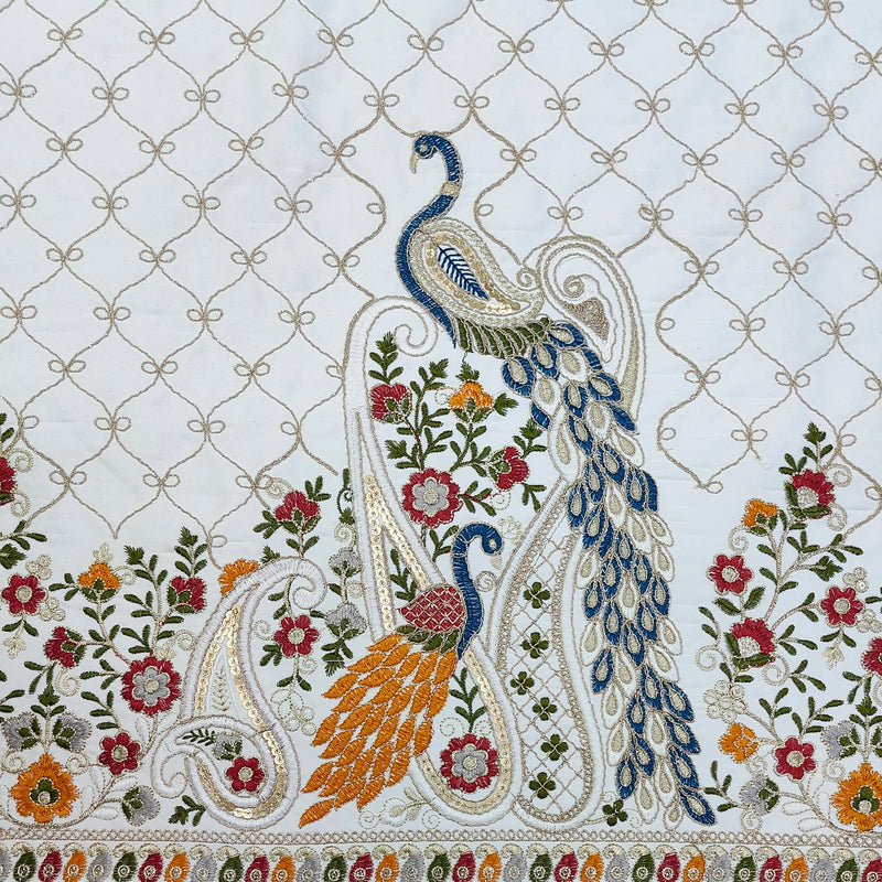 Kurta Fabric ManTire Designer Silk Peacock Motif Embroidery Colour Teal Blue,Red, Green N Off White