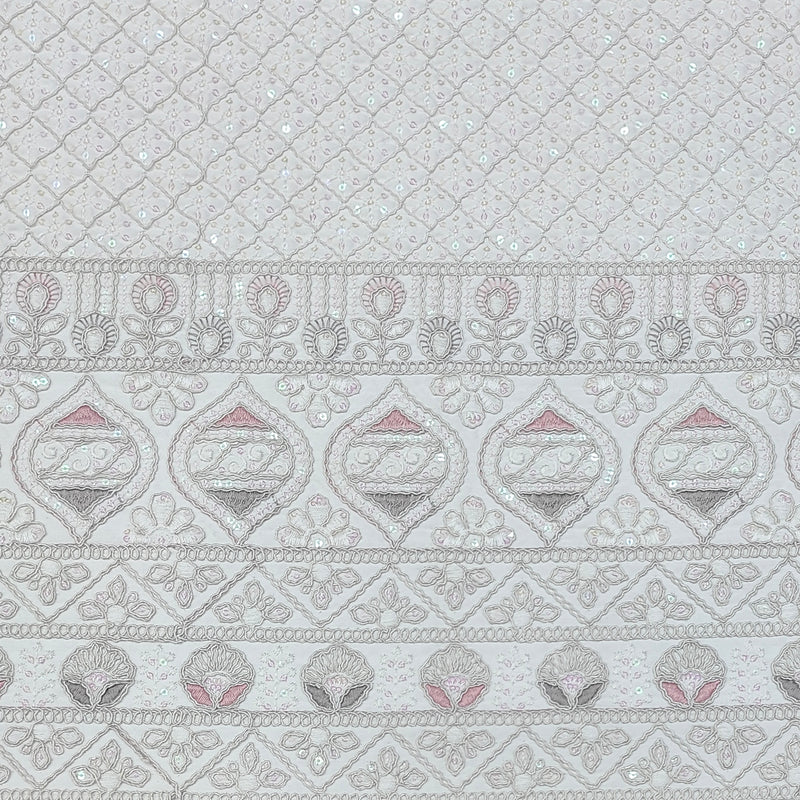Kurta Fabric ManTire Designer Silk horizontal panel layout Embroidery Colour Pink N White