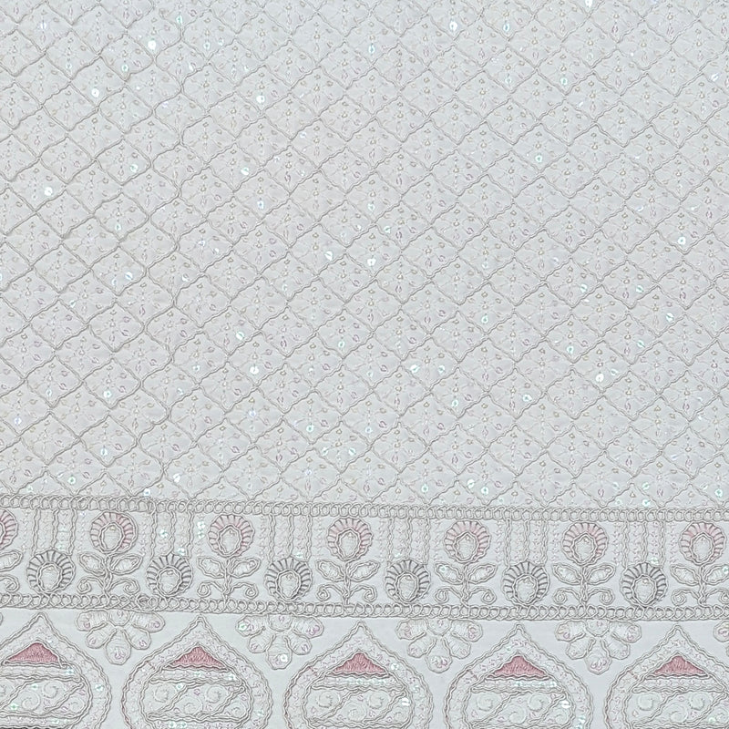Kurta Fabric ManTire Designer Silk horizontal panel layout Embroidery Colour Pink N White