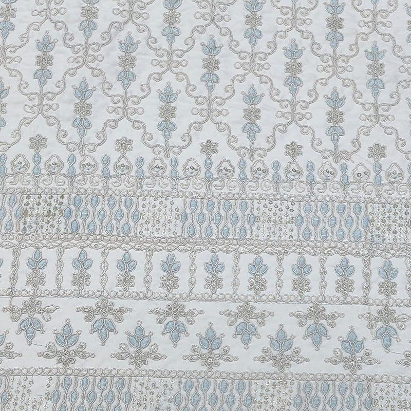 Kurta Fabric ManTire Designer Silk Lucknowi Chikankari Embroidery Colour Firozi N Off White