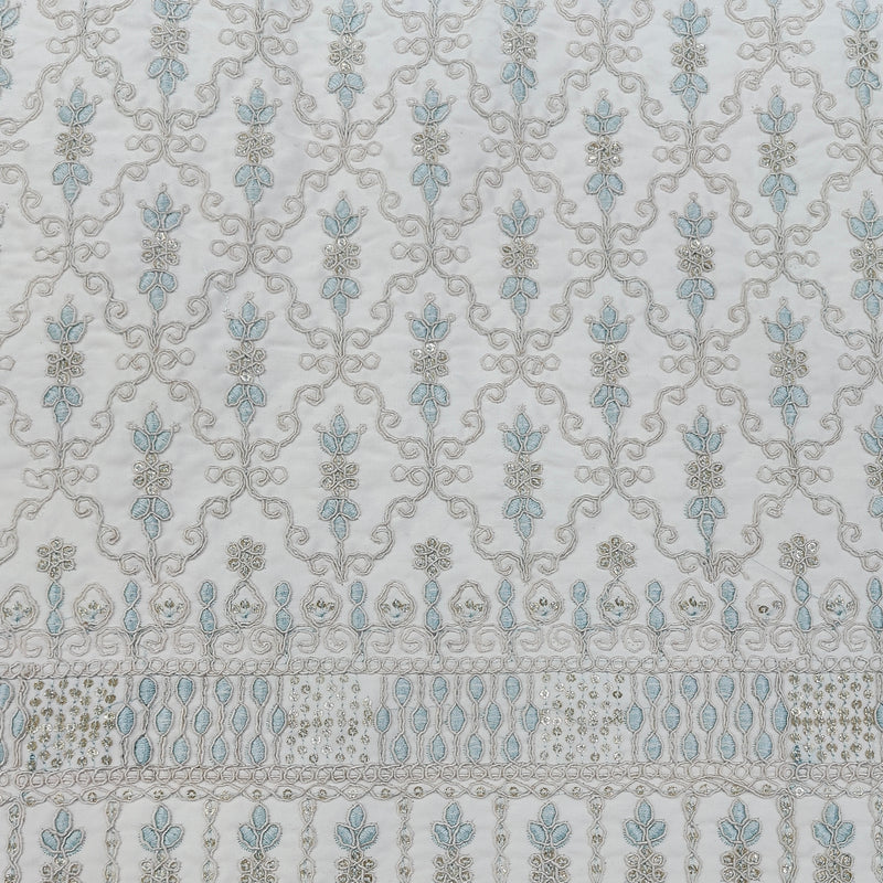 Kurta Fabric ManTire Designer Silk Lucknowi Chikankari Embroidery Colour Firozi N Off White