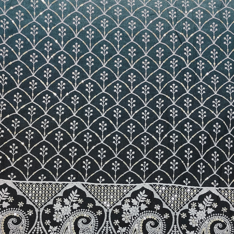 Kurta Fabric ManTire Designer Silk Scallop lattice Embroidery Colour Dark Charcoal, Navy Black, Muted Green N White