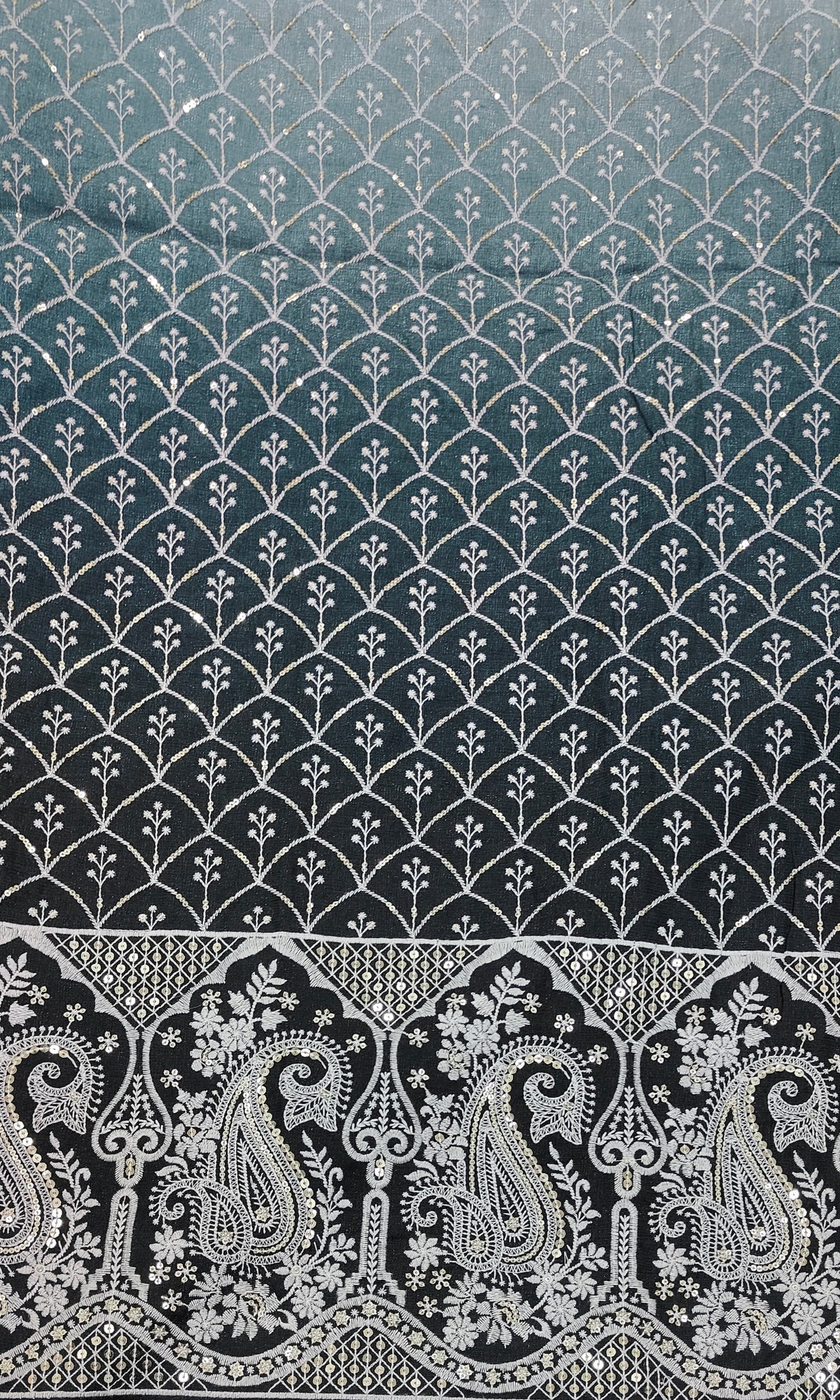 Kurta Fabric ManTire Designer Silk Scallop lattice Embroidery Colour Dark Charcoal, Navy Black, Muted Green N White