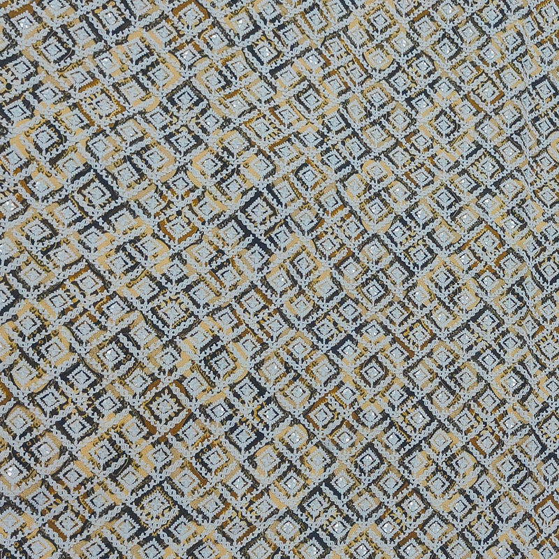 Kurta Fabric ManTire Designer Rayon geometric diamond grid  Embroidery Colour Beige N Off White