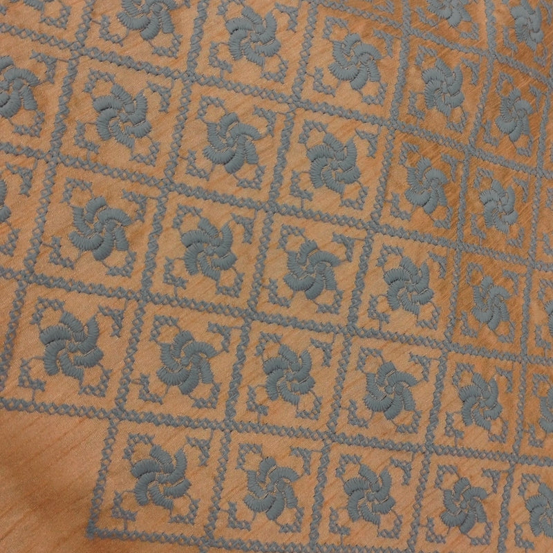 Kurta Fabric ManTire Designer Silk Geometric Pinwheel Grid Embroidery Colour Warm Orange N Grey