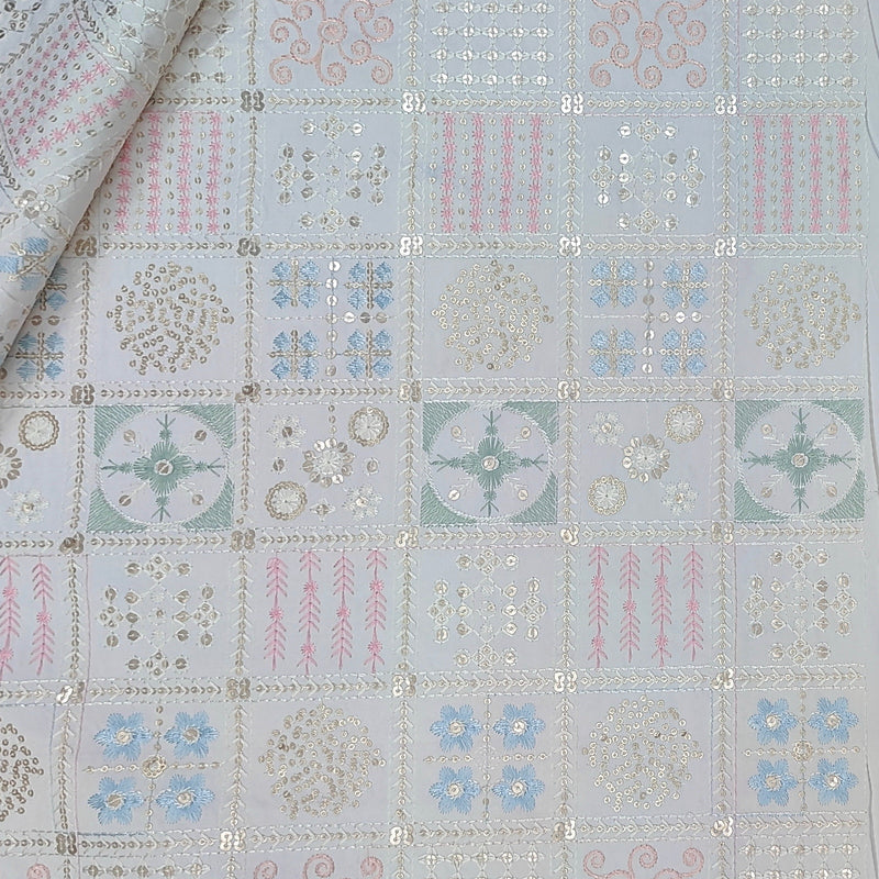 Kurta Fabric ManTire Designer Silk Lucknowi Chikankari Embroidery Colour Powder Blue, Baby Pink N Mint Green