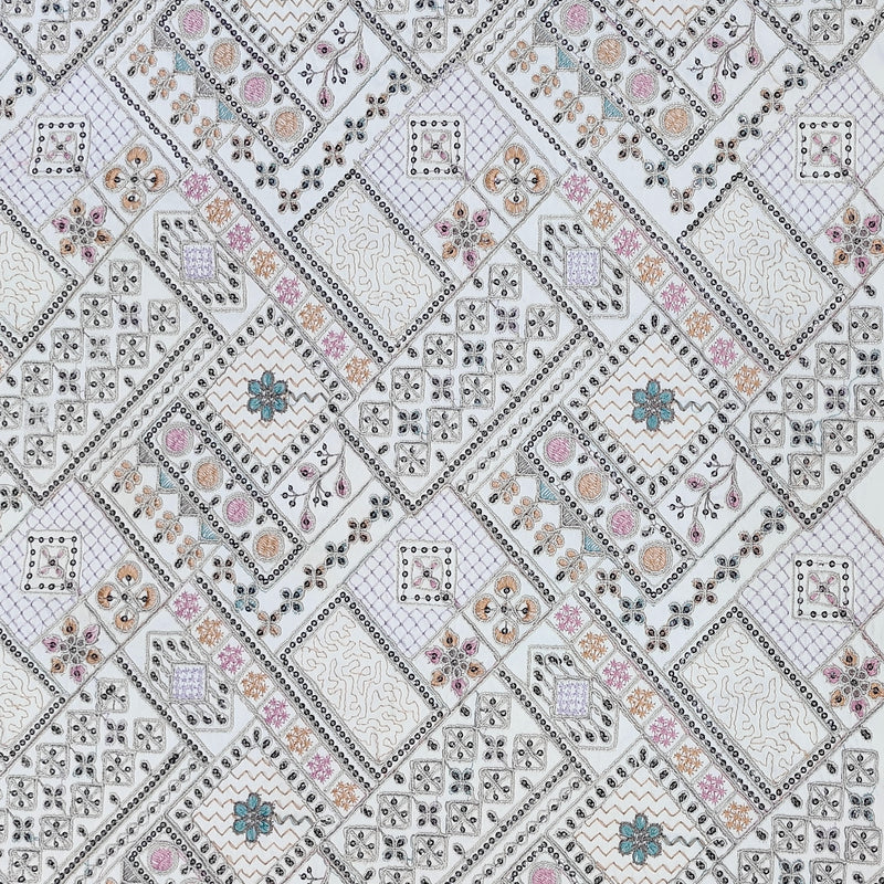 Kurta Fabric ManTire Designer Silk Geometric Diamond Patchwork Motif Embroidery Colour White, Lavender N Pink