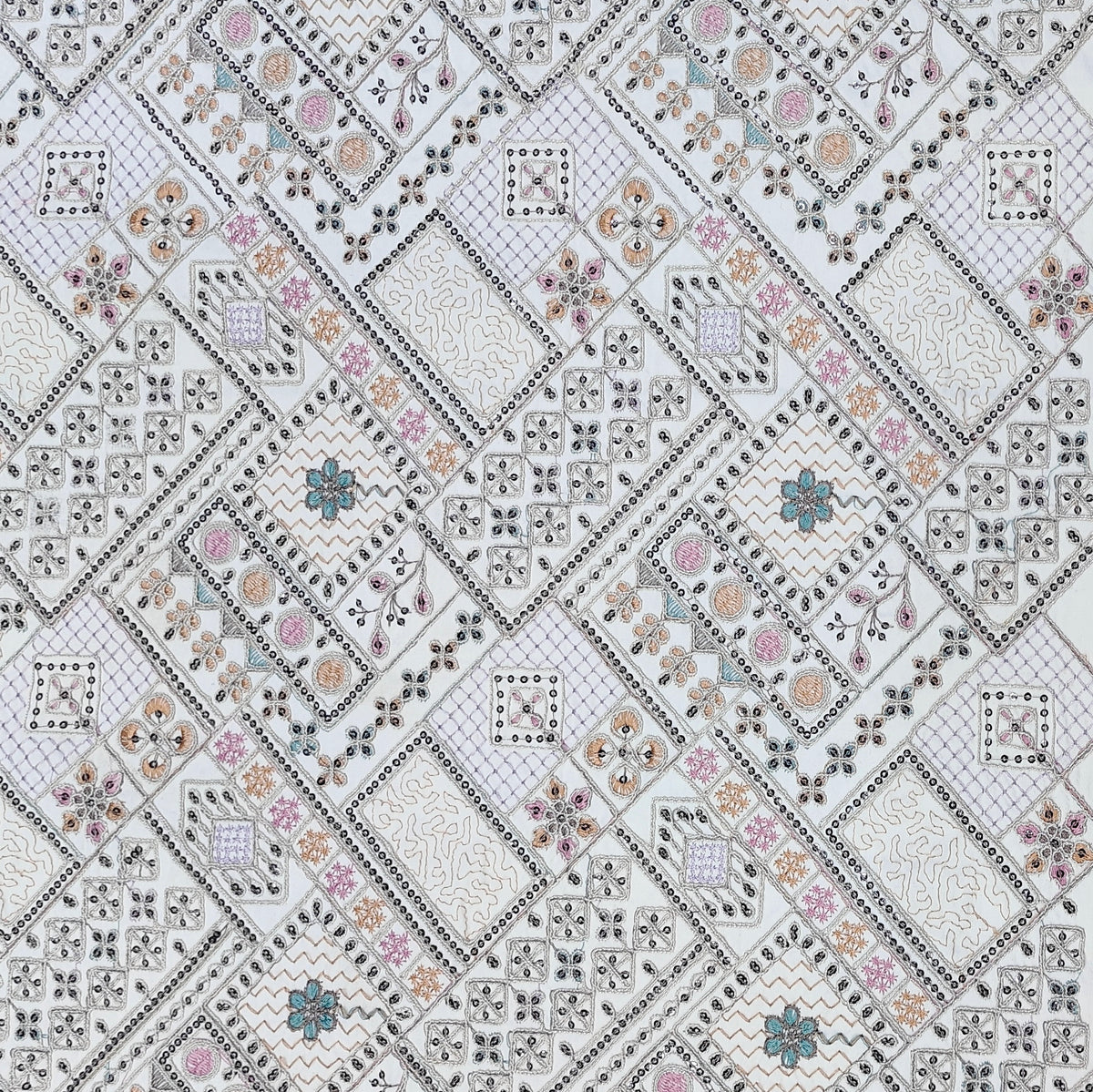 Kurta Fabric ManTire Designer Silk Geometric Diamond Patchwork Motif Embroidery Colour White, Lavender N Pink