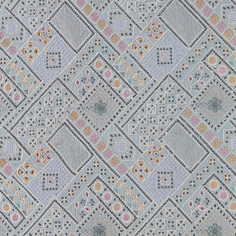 Kurta Fabric ManTire Designer Silk Patchwork Tile Embroidery Colour Slate Grey, Pastel Pink, Mint Green N Cream-White