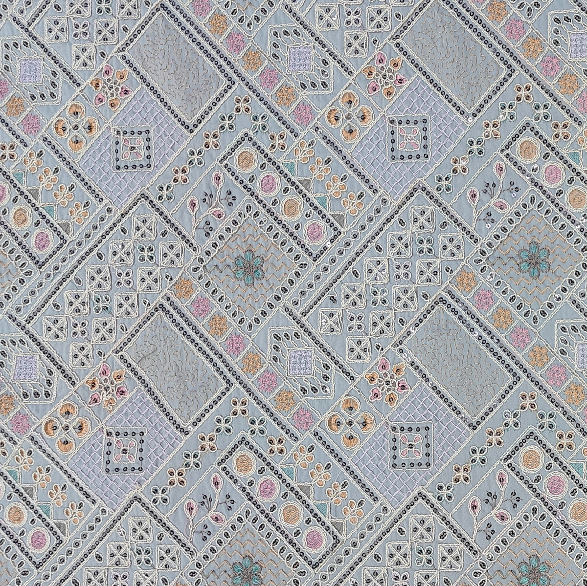 Kurta Fabric ManTire Designer Silk Patchwork Tile Embroidery Colour Slate Grey, Pastel Pink, Mint Green N Cream-White
