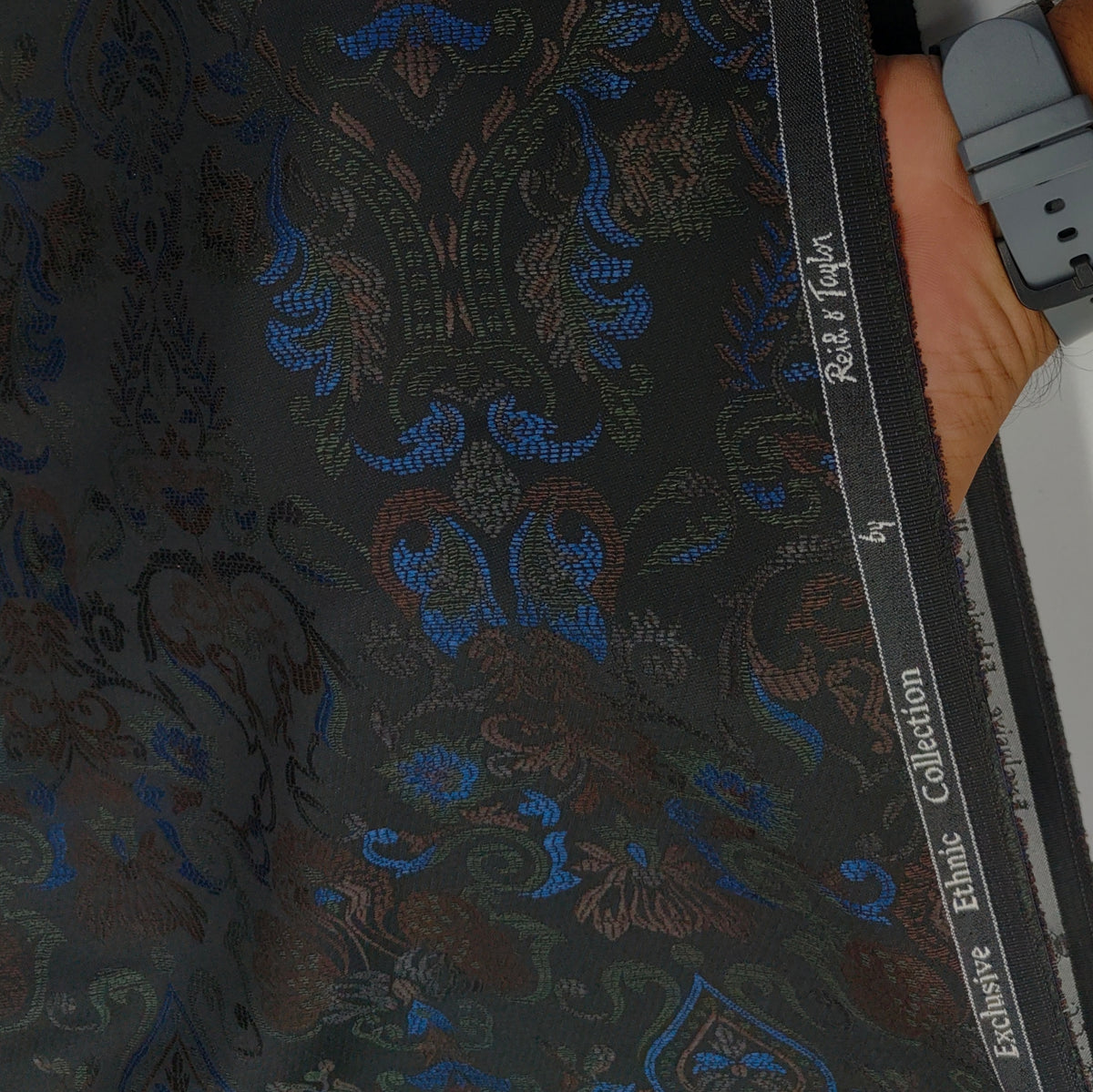 Reid & Taylor Jacquard Premium Bandhgala Fabric Colour Blue N Dark Brown