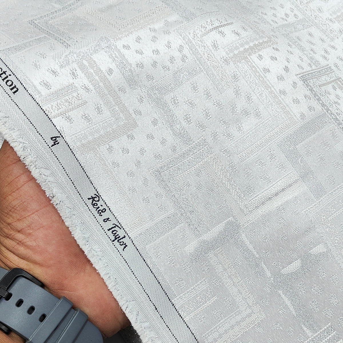 Reid & Taylor Jacquard Premium Bandhgala Fabric Colour Shiny Silver White